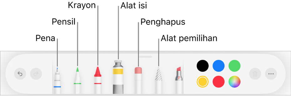 Bar alat gambar di Pages di iPad dengan alat pena, pensil, krayon, isi, penghapus, alat pemilihan, dan bidang warna yang menampilkan warna saat ini.