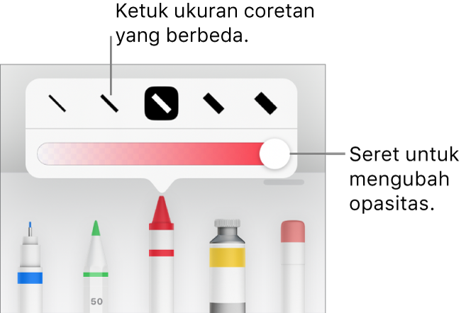 Kontrol untuk memilih ukuran coretan dan penggeser untuk menyesuaikan opasitas.