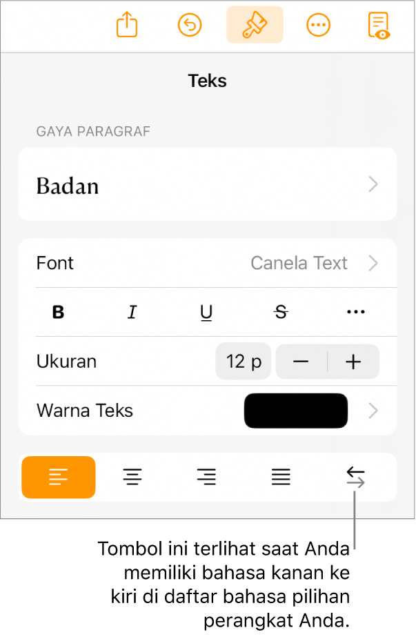 Kontrol teks di menu Format dengan keterangan yang menunjuk ke tombol Kanan ke Kiri.