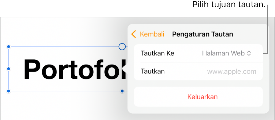 Kontrol Pengaturan Tautan dengan Halaman Web dipilih, dan tombol Hapus di bagian bawah.