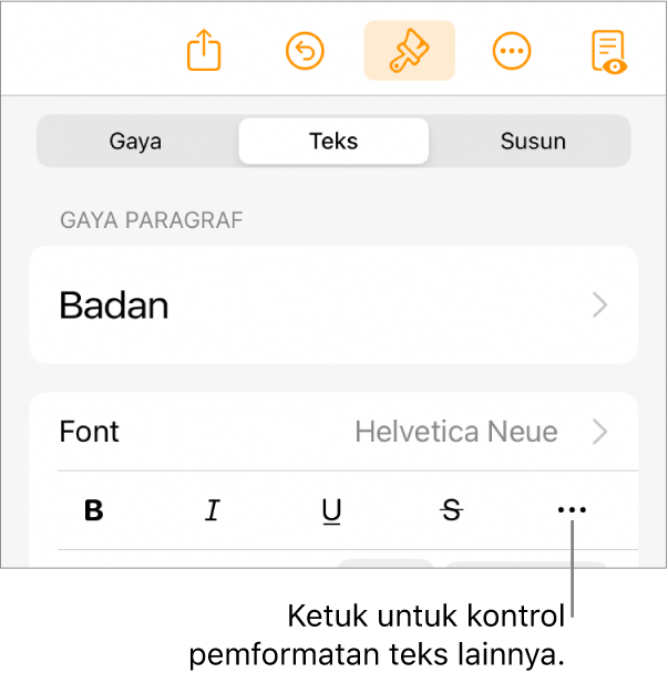 Tab teks pada kontrol Format, dengan keterangan ke tombol Pilihan Teks Lainnya.