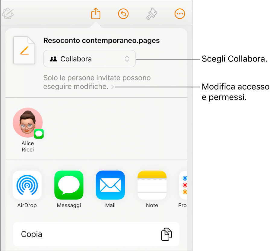 Il menu di condivisone con l’opzione Collabora selezionata in alto e le impostazioni di accesso e dei permessi sotto.