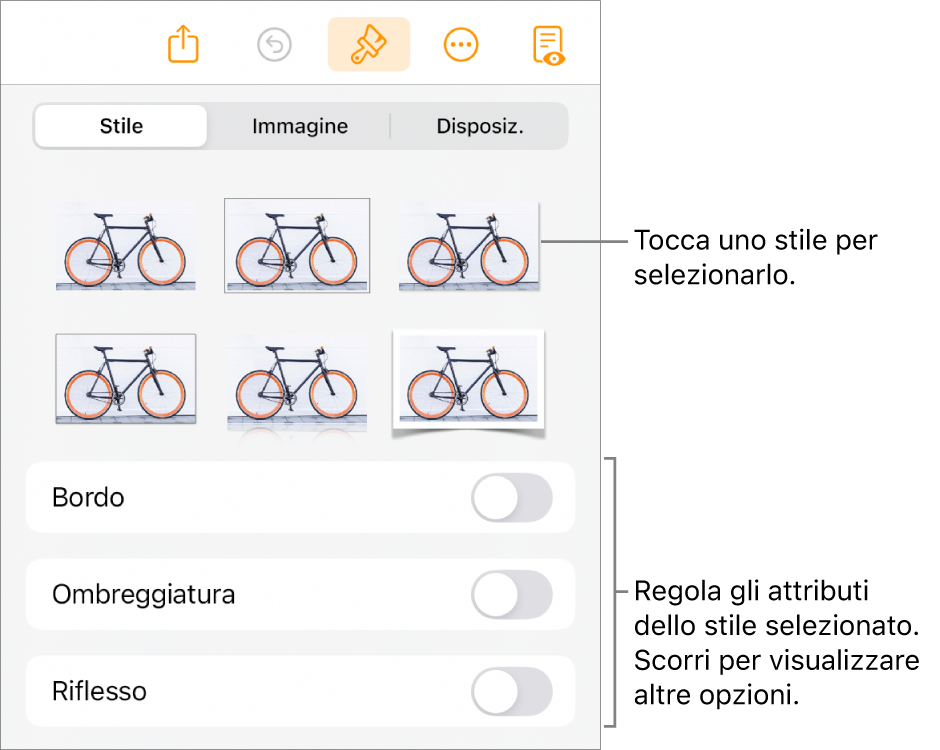 Pannello Stile del menu Formato con gli stili dell’oggetto in alto e un controllo sottostante per cambiare bordo, ombra, riflesso e opacità.