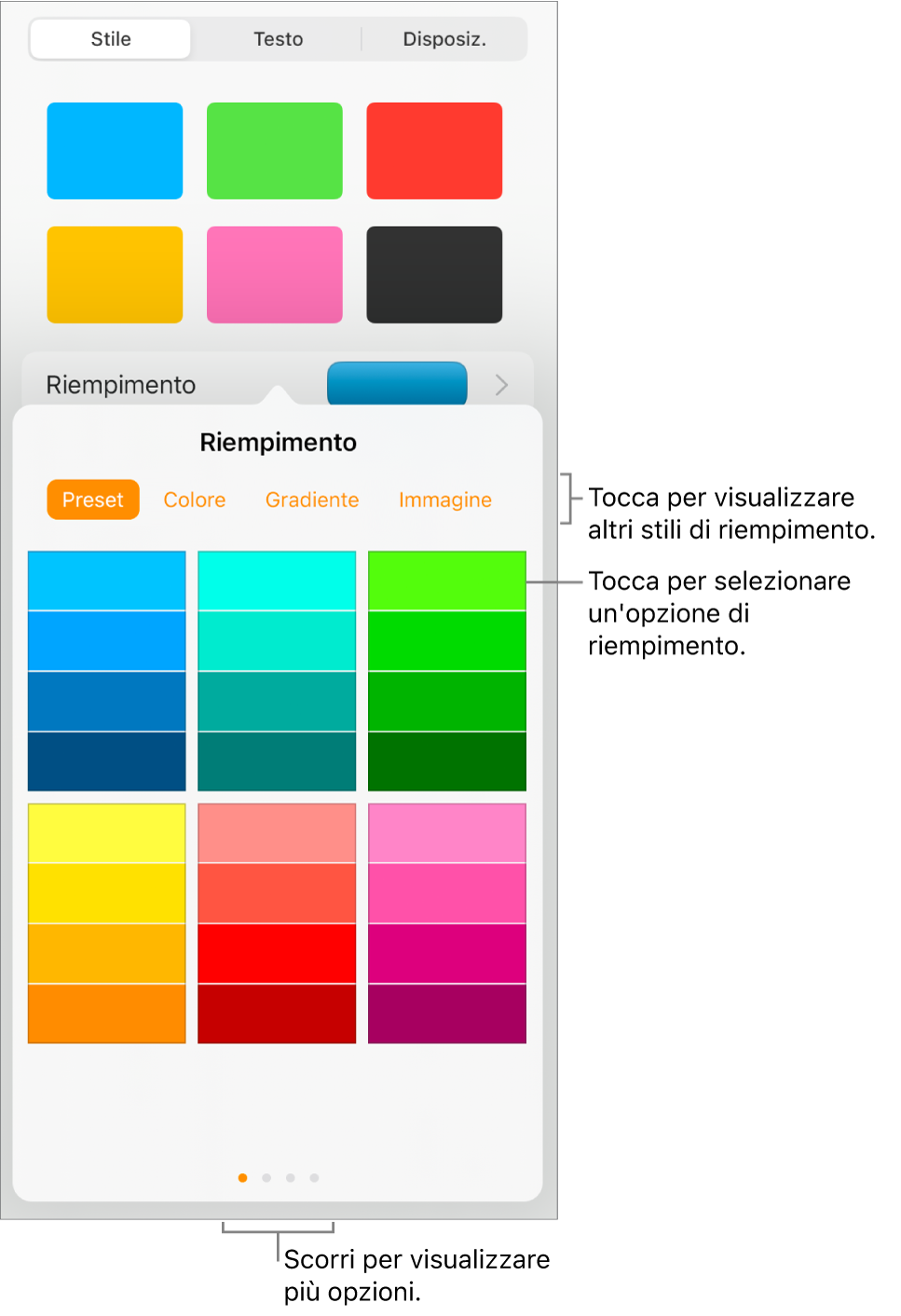 Opzioni di riempimento nel pannello Stile del pulsante Formato.