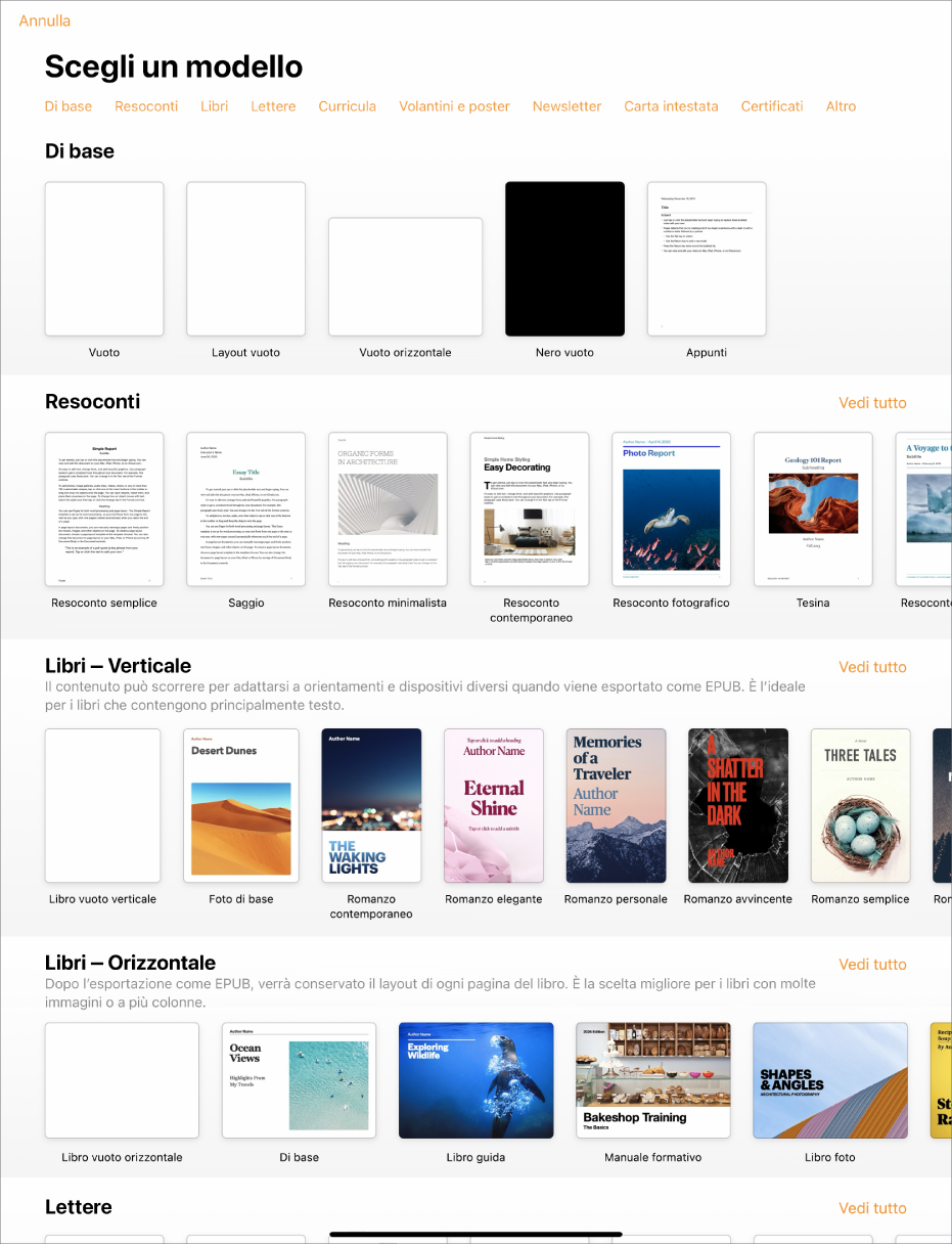 “Scelta modelli”, in cui è visibile una riga di categorie nella parte superiore dello schermo che puoi toccare per filtrare le opzioni. Sotto ci sono delle miniature di modelli con design predefinito disposte in riga per categoria, a partire da Recenti in cima e seguite da “Di base” e Resoconti. Viene visualizzato un pulsante “Vedi tutto” in alto e a destra di ciascuna riga della categoria. Il pulsante relativo a lingua e zona si trova nell’angolo superiore destro.