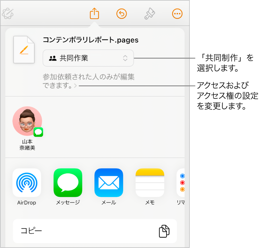 「共有」メニュー。上部の「共同作業」が選択されていて、下に参加対象とアクセス権の設定があります。