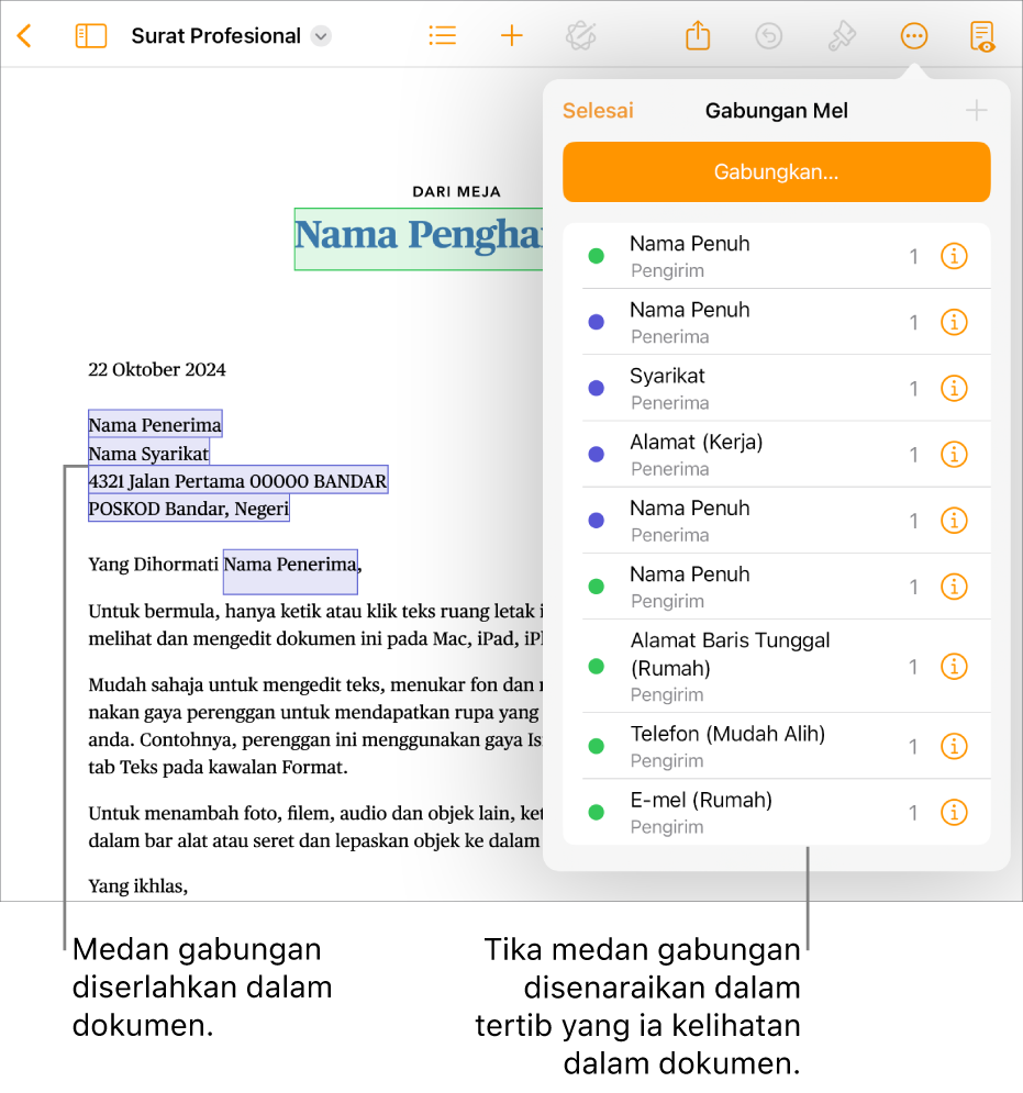 Dokumen halaman dengan medan gabungan penerima dan penghantar, serta senarai tika medan gabungan kelihatan dalam bar sisi Dokumen.