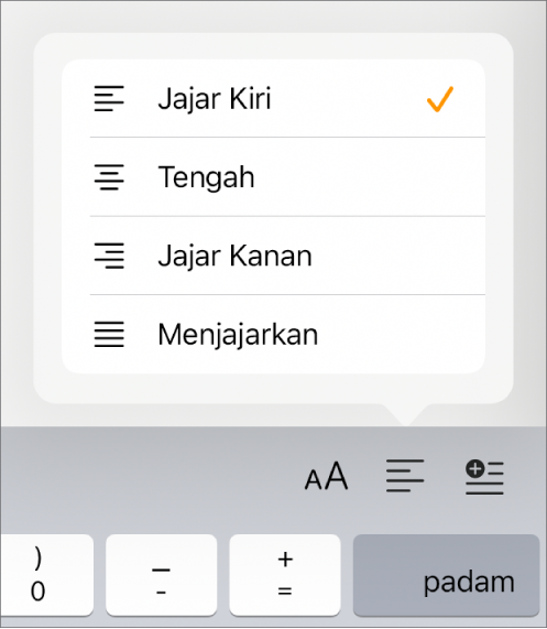 Bar Format dengan kawalan untuk menginden teks dan menjajarkan perenggan.