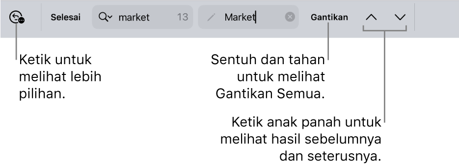 Kawalan Cari & Ganti di atas papan kekunci dengan petak bual ke butang Pilihan Carian, Ganti, Pergi ke Atas dan Pergi ke Bawah.