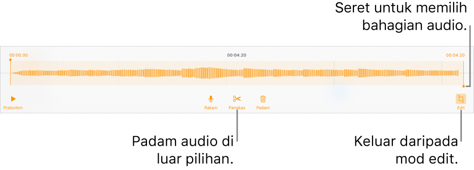 Kawalan untuk mengedit audio yang dirakam. Pemegang menunjukkan bahagian rakaman yang dipilih dan butang Pratonton, Rakam, Pangkas, Padam dan Mod Edit adalah di bawah.