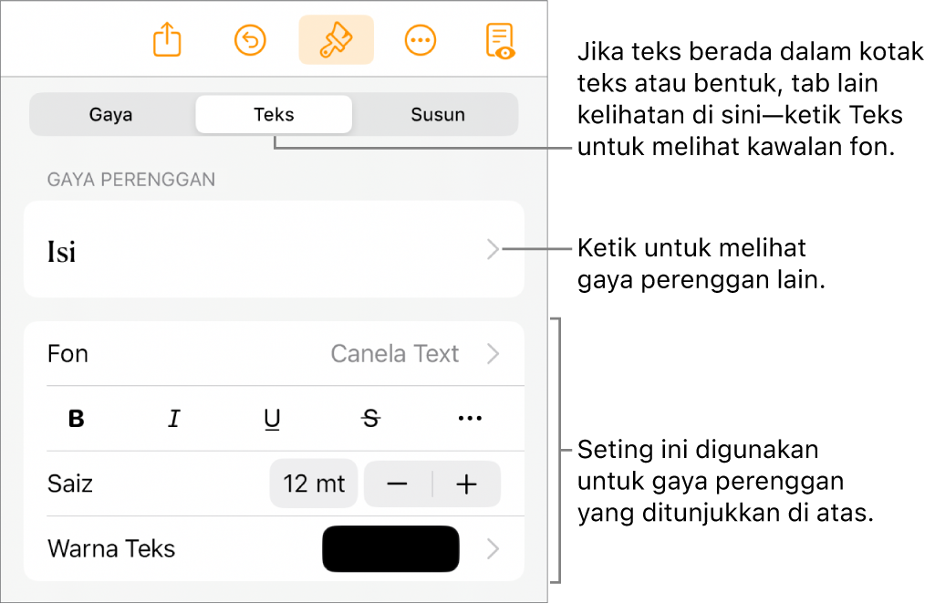 Menu Format menunjukkan kawalan teks untuk mengesetkan perenggan dan gaya, fon, saiz dan warna aksara.