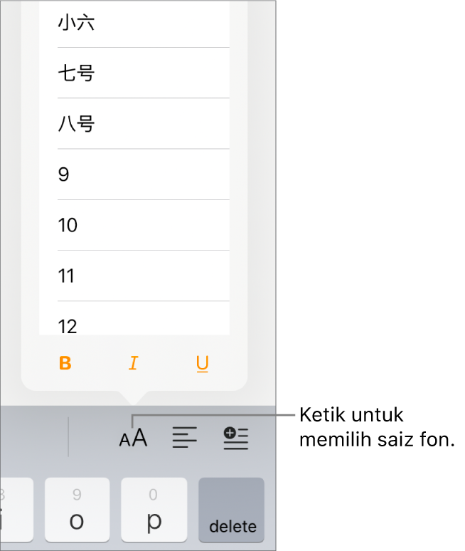 Butang Saiz Fon di sebelah kanan papan kekunci iPad dengan menu Saiz Fon dibuka. Saiz fon standard kerajaan Tanah Besar China kelihatan di bahagian atas menu dengan saiz titik di bawah.