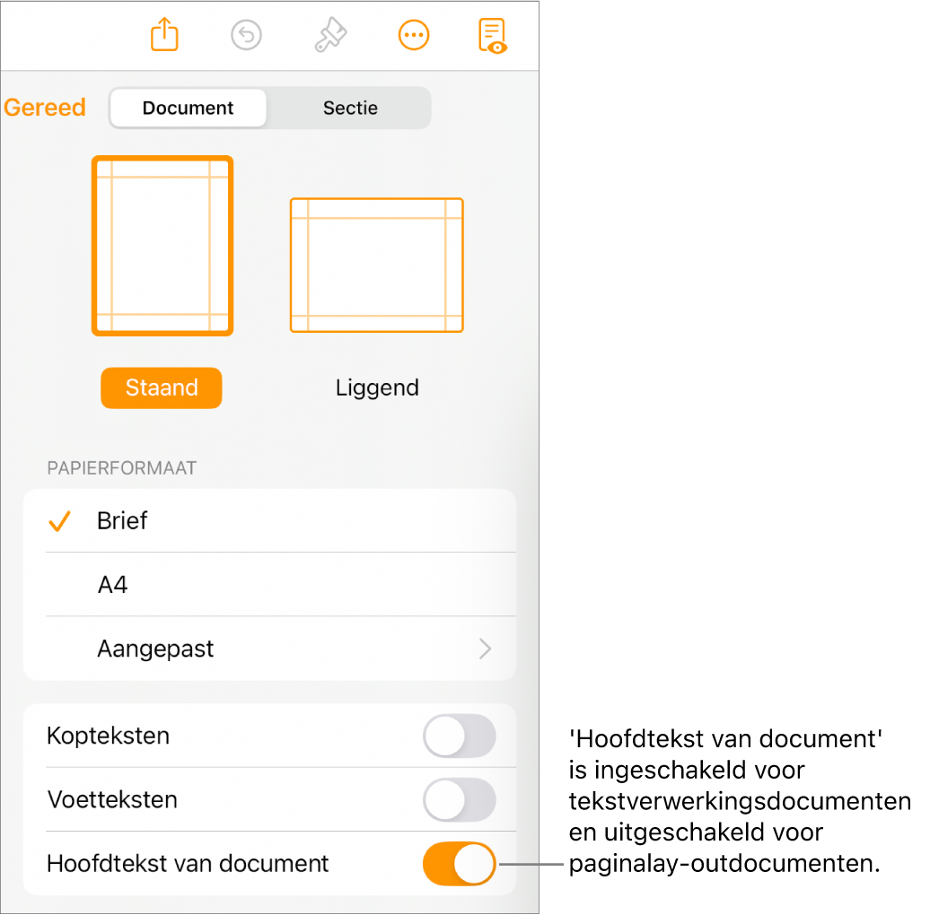 De opmaakregelaars in het tabblad 'Document'. 'Hoofdtekst van document' staat onder in het scherm en is ingeschakeld.