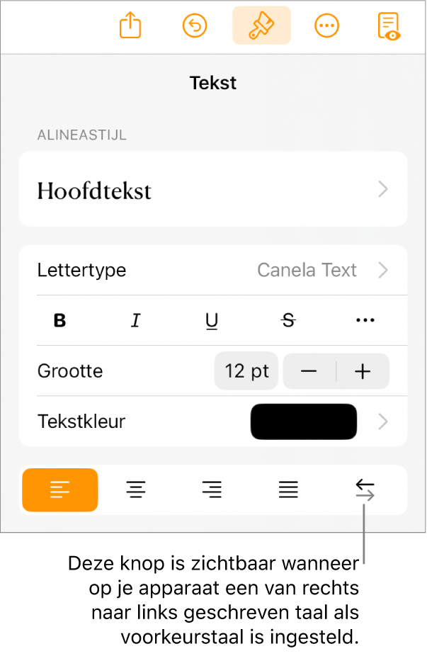 Tekstregelaars in het opmaakmenu met uitleg bij de knop voor rechts naar links.