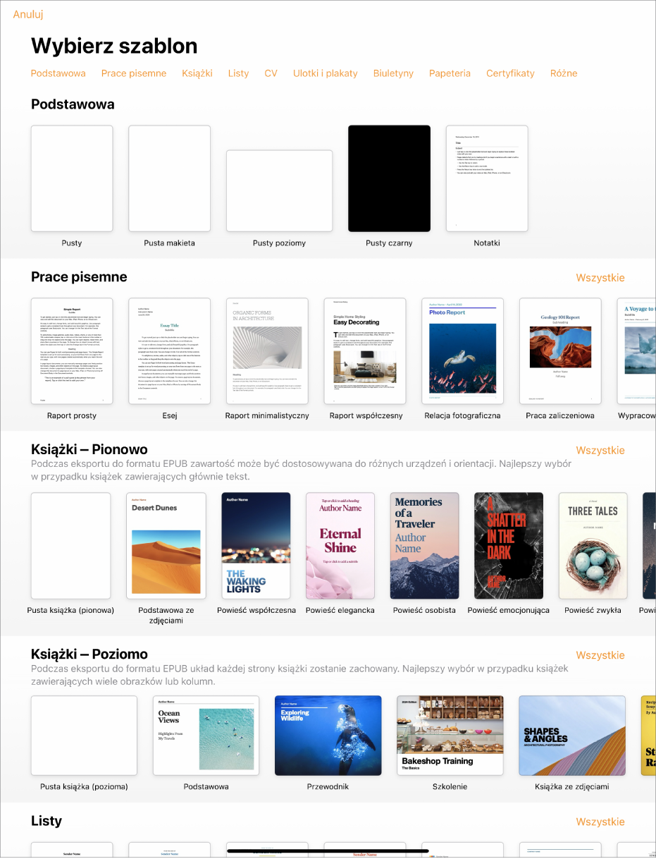 Paleta szablonów z widocznym na górze wierszem kategorii, w które możesz stuknąć, aby filtrować dostępne szablony. Poniżej widoczne są miniaturki gotowych szablonów uporządkowane wierszami według kategorii, zaczynając od widocznej na górze kategorii Ostatnie, po której następuje kategoria Podstawowe oraz kategoria Prace pisemne. Po prawej stronie nad każdym wierszem kategorii widoczny jest przycisk Zobacz wszystkie.