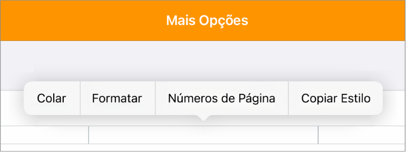 Três campos de cabeçalho com o ponto de inserção no campo central e um menu pop-up mostrando “Números de Página”.