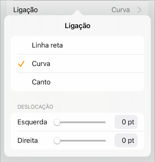 Os controlos de “Ligação” com “Curva” selecionada.