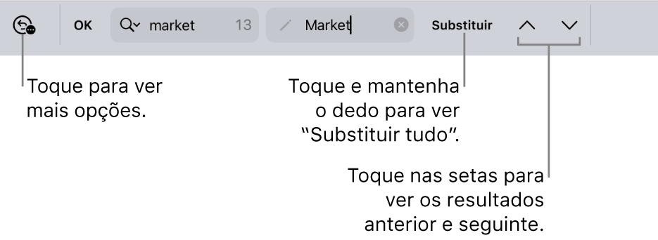 Os controlos “Procurar e substituir” acima do teclado com chamadas para os botões “Opções de pesquisa”, “Substituir”, “Ir para cima” e “Ir para baixo”