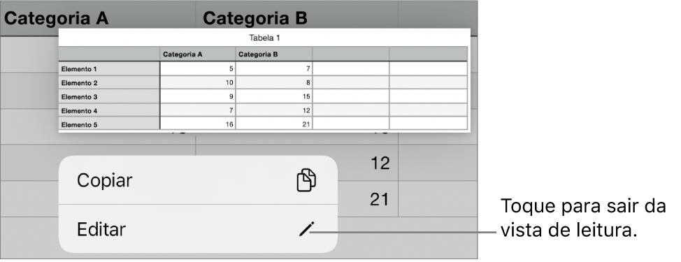 Uma célula de tabela está selecionada e por cima está um menu com os botões "Copiar” e “Editar”.