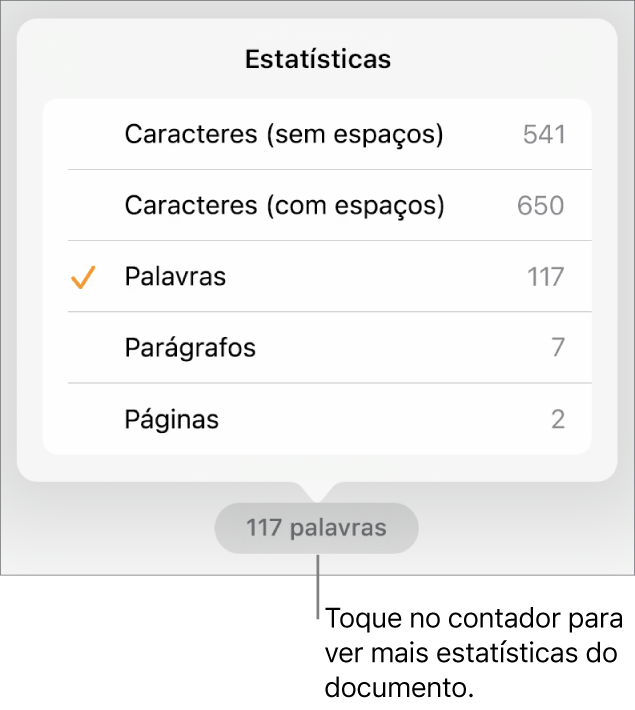 O contador de palavras com um menu que apresenta opções para mostrar o número de caracteres com e sem espaços, contagem de palavras, contagem de parágrafos e contagem de páginas.