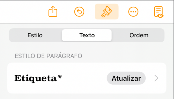 O estilo de parágrafo com um asterisco junto ao mesmo e um botão "Atualizar” à direita.