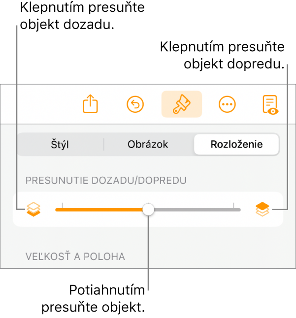 Tlačidlo Presunúť dozadu, tlačidlo Presunúť dopredu a posuvník vrstiev.