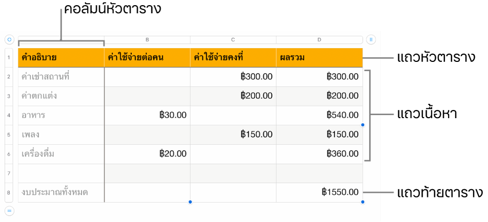 ตารางที่แสดงแถวและคอลัมน์หัวตาราง เนื้อหา และท้ายตาราง