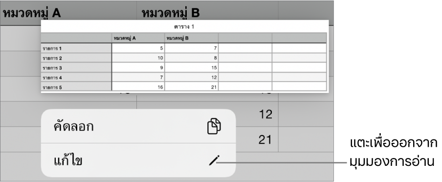 เซลล์ตารางถูกเลือกอยู่ และด้านบนเป็นเมนูที่มีปุ่มคัดลอกและปุ่มแก้ไข