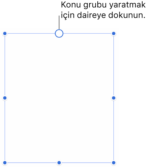 Üstünde beyaz bir daire, köşelerinde, kenarlarında ve altında büyüklük değiştirme tutamakları olan boş bir metin kutusu.