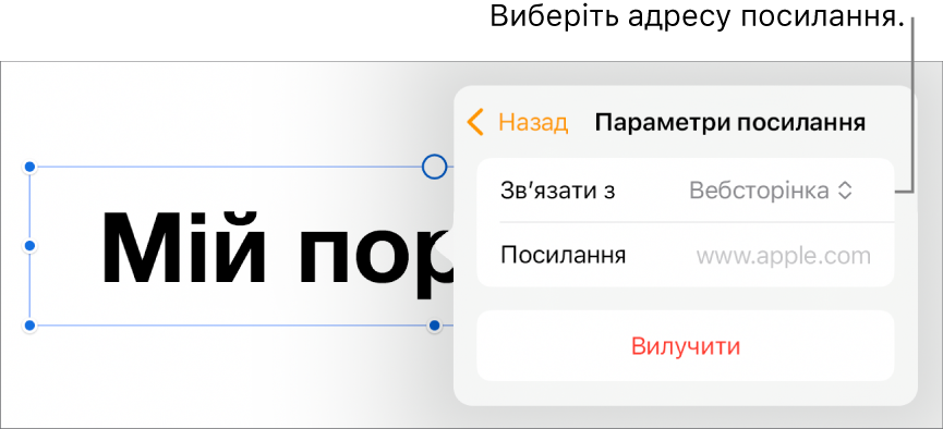 Елементи керування параметрами посилань із вибраною вебсторінкою та кнопкою «Вилучити» внизу.