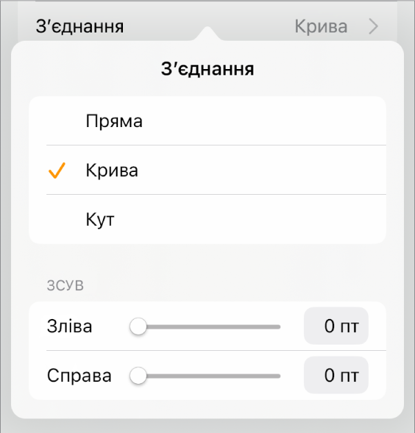 Елементи керування розділу «Зʼєднання» з вибраним засобом «Крива».