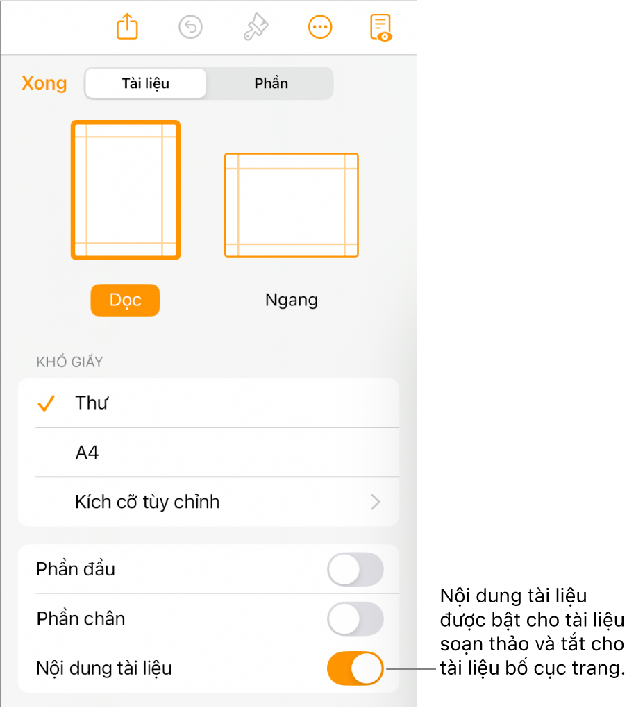 Các điều khiển định dạng Tài liệu với Nội dung tài liệu được bật gần cuối màn hình.