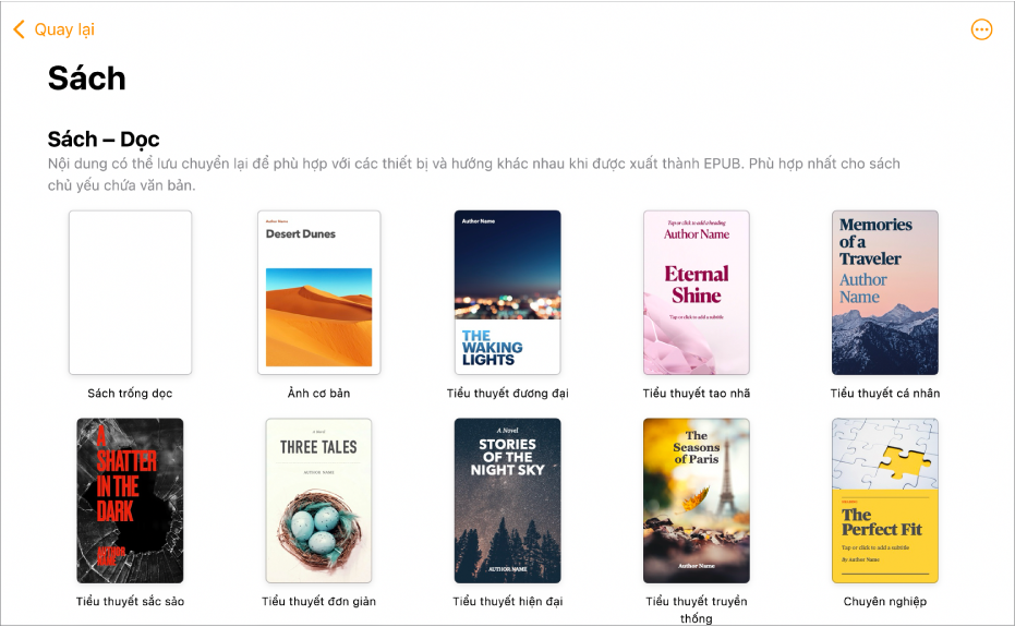 Bộ chọn mẫu với các mẫu sách hướng dọc ở đầu và hướng ngang ở bên dưới.