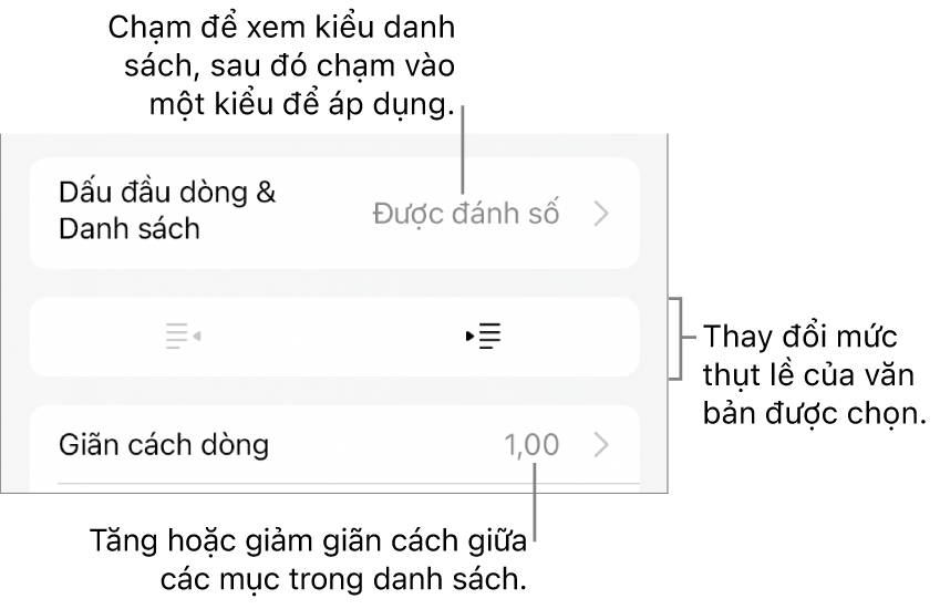 Phần Dấu đầu dòng & Danh sách của điều khiển Định dạng với các chú thích đến Dấu đầu dòng & Danh sách, các nút thụt lề và nhô lề và các điều khiển giãn cách dòng.