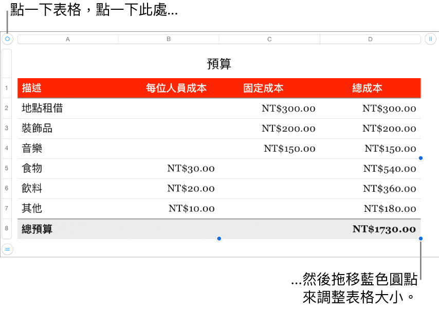 選取的表格，帶有調整大小的藍色圓點。