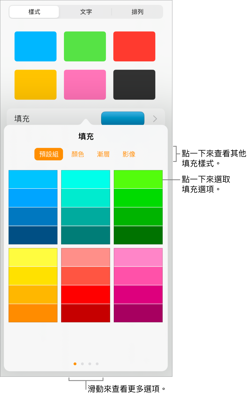 「格式」按鈕其「樣式」標籤頁中的填充選項。