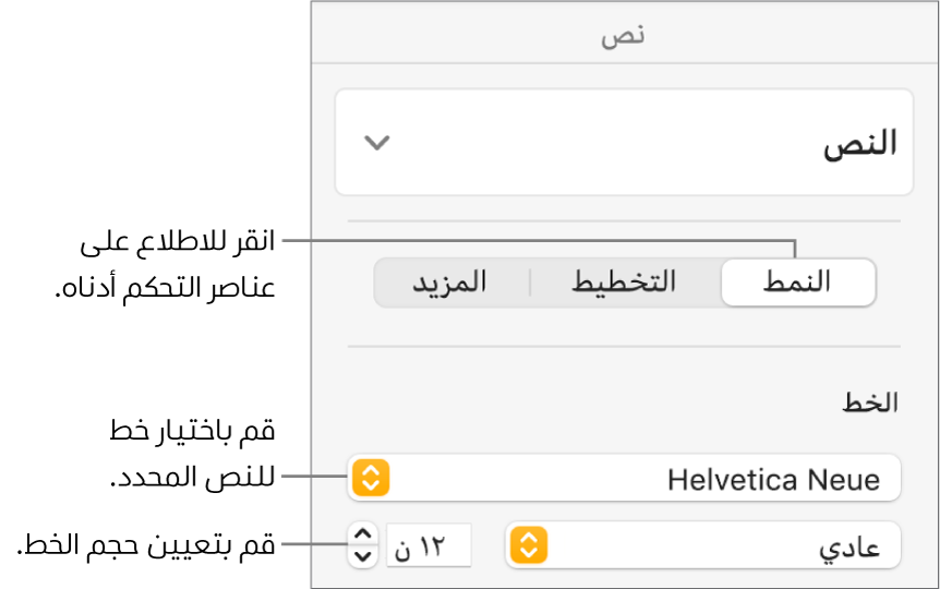 عناصر التحكم في النص في قسم النمط من الشريط الجانبي "التنسيق" لتعيين الخط وحجم الخط.