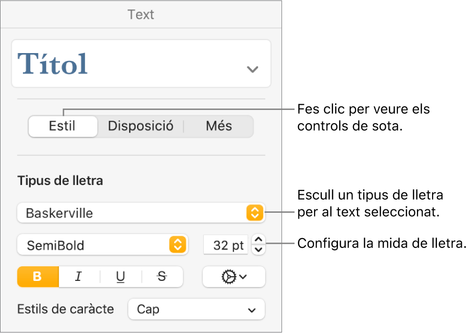 Els controls de text de la secció Estil de la barra lateral Format, per definir el tipus i la mida de la lletra.