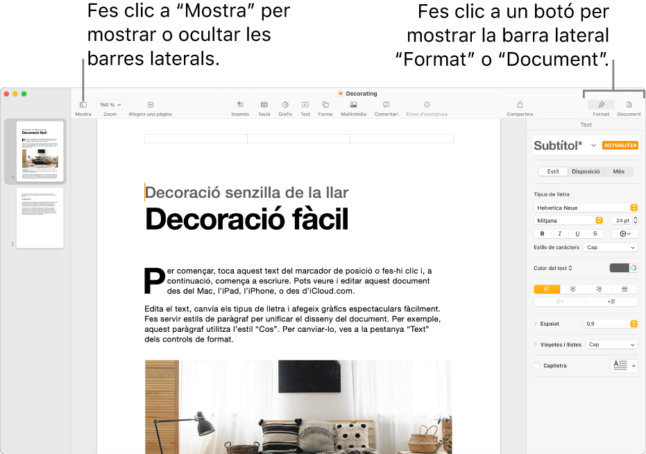 La finestra del Pages, amb llegendes per al botó del menú “Mostra” i els botons “Format” i “Document” de la barra d’eines. Barres laterals obertes a l’esquerra i la dreta.