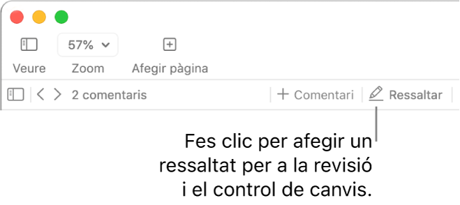 La barra de menús, que mostra el menú “Insereix”, i, a sota, la barra d’eines del Pages amb les eines de revisió visibles i una referència al botó “Ressalta”.