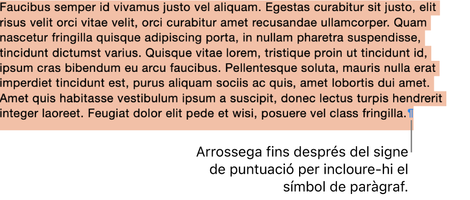 Un paràgraf seleccionat, amb el símbol de paràgraf inclòs a la selecció.