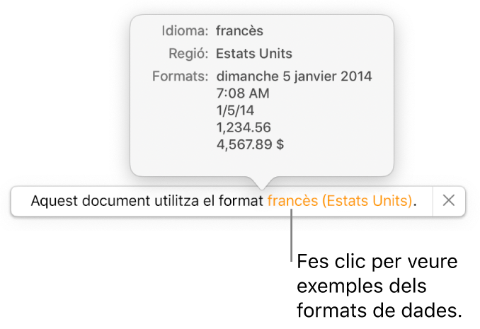 La notificació de la diferència de configuració d’idioma i regió, amb exemples del format d’aquell idioma i regió.