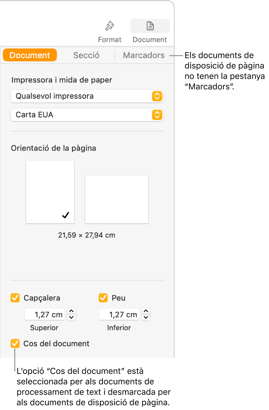 La barra lateral Format amb les pestanyes Document, Secció i Marcadors a la part superior. La pestanya Document està seleccionada i una llegenda a la pestanya Marcadors indica que els documents de disposició de pàgina no tenen la pestanya Marcadors. La casella de selecció “Cos del document” està marcada, cosa que també indica que es tracta d’un document de processament de text.