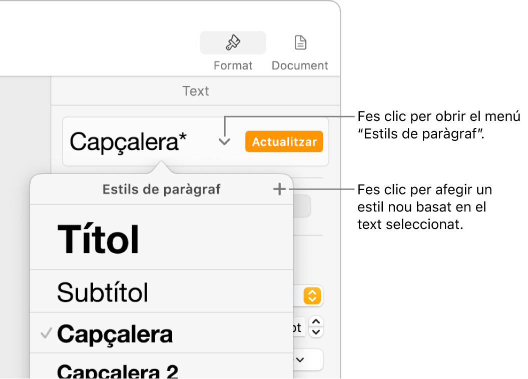 El menú “Estils de paràgraf” amb els controls per afegir o canviar un estil.