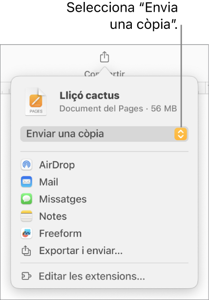 Menú “Comparteix” amb l’opció “Envia una còpia” seleccionada a la part superior.