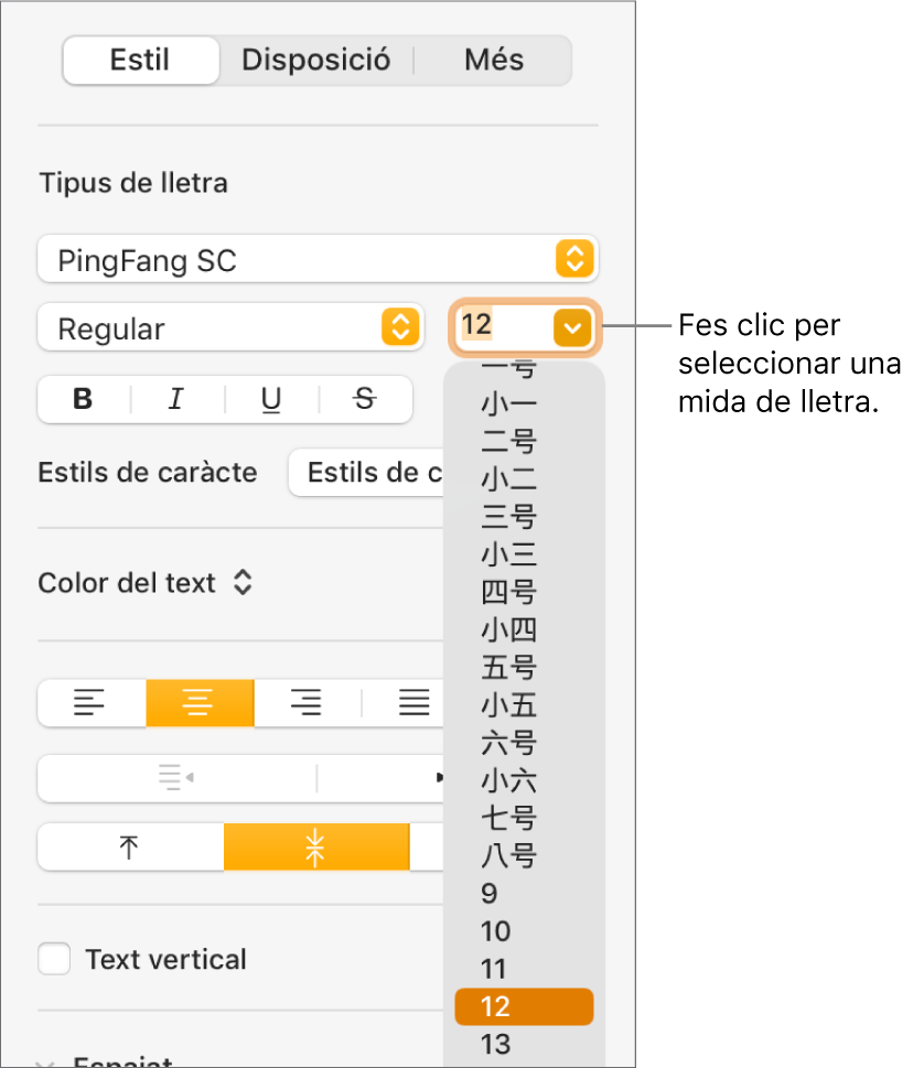 La secció Estil de la barra lateral Format amb el menú desplegable de mides de lletra obert. Les mides de lletra estàndard del govern de la Xina continental es mostren a la part superior del menú desplegable amb les mides en punts a sota.