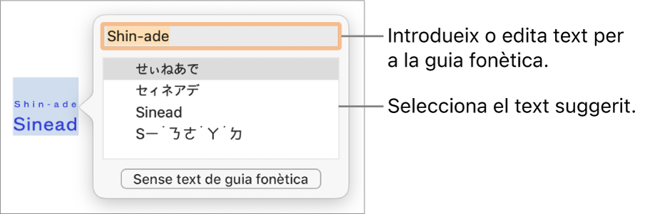 La guia fonètica, oberta per a una paraula, amb llegendes per al camp de text i el text suggerit.