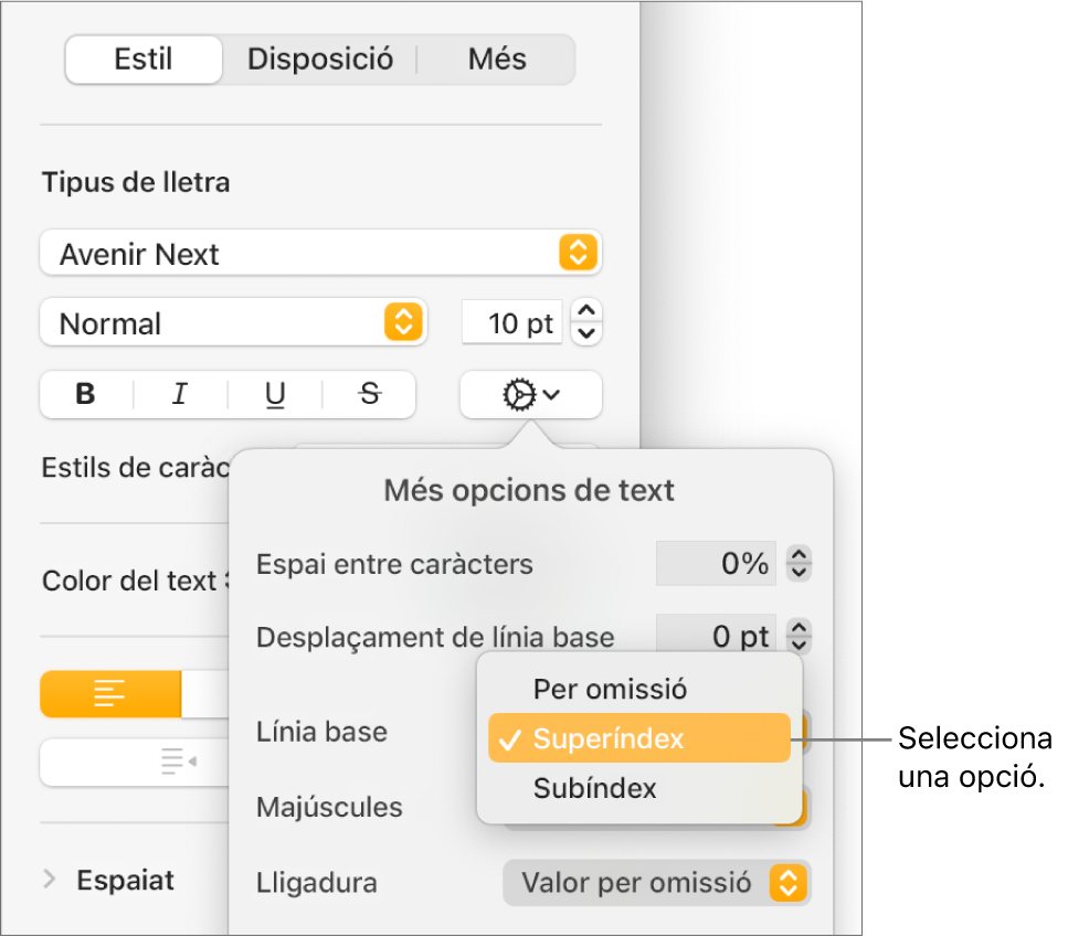 Menú “Opcions avançades” amb el menú desplegable “Línia base” obert que mostra els ítems de menú “Per omissió”, Superíndex i Subíndex.