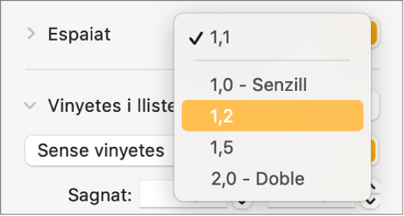 El menú desplegable Espaiat, amb les opcions Senzill, Doble i altres.
