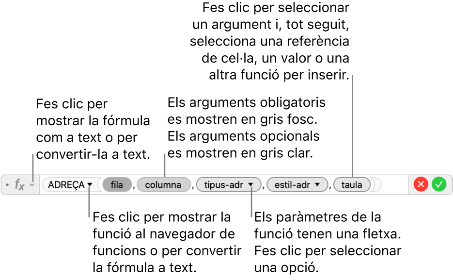 L’editor de fórmules, que mostra la funció ADREÇA i els testimonis d’argument corresponents.